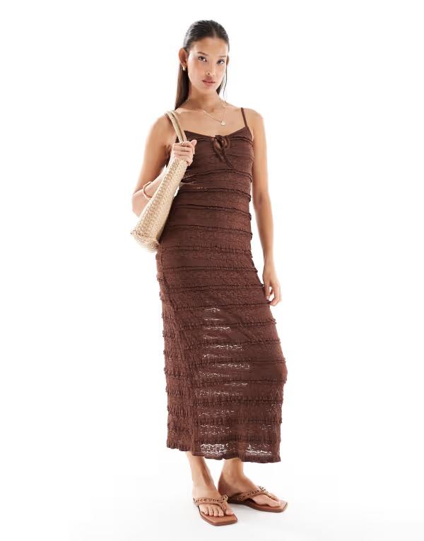ミスセルフフリッジ レディース トップス ワンピース ミディワンピース フリル ミディ レース Miss Selfridge lace and ruffle detail midi dress in chocolate Chocolate チョコレート