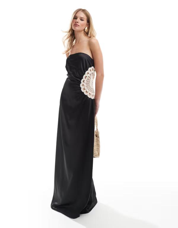 フォース&レックレス レディース トップス ワンピース マキシワンピース サテン マキシ 4th & Reckless satin bandeau crochet insert maxi dress Black ブラック
