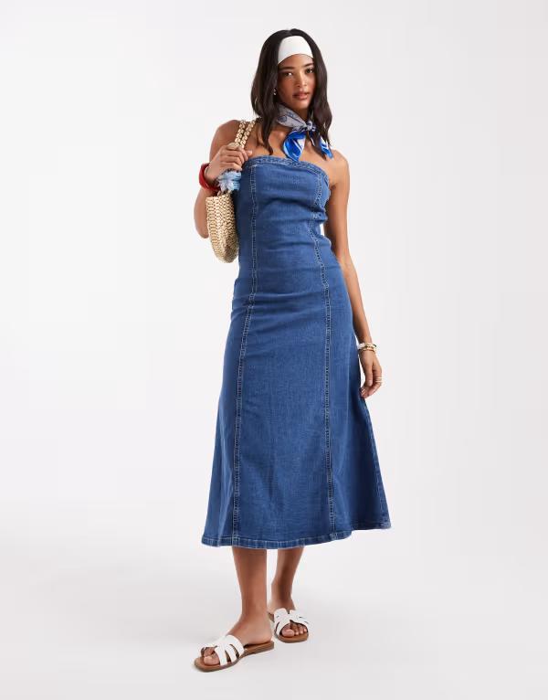 ヴェロモーダ レディース トップス ワンピース デニム Vero Moda denim bandeau skater dress in medium Medium blue denim デニム|ReVida 店