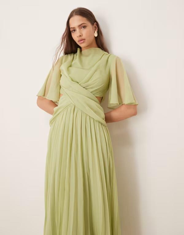 エイソス レディース トップス ワンピース カットアウト ミディワンピース プリーツ ミディ ASOS DESIGN cowl wrap front pleated midi dress with cut out in sage SAGE GREEN グリーン