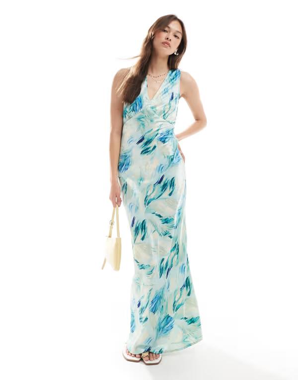 ヴェロモーダ レディース トップス ワンピース オープンバック Vネック マキシワンピース プリント マキシ Vero Moda v-neck open back maxi dress in abstract blue print Aqua Haze Alba アクア