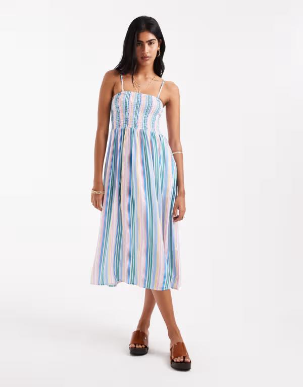 ヴェロモーダ レディース トップス ワンピース アンクル Vero Moda Easy shirred cami ankle dress in candy stripe Snow white stripe ホワイト