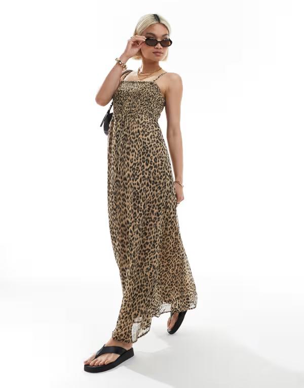 オンリー レディース トップス ワンピース プリント マキシ ONLY shirred maxi cami dress in leopard print BROWN ブラウン｜ReVida 店
