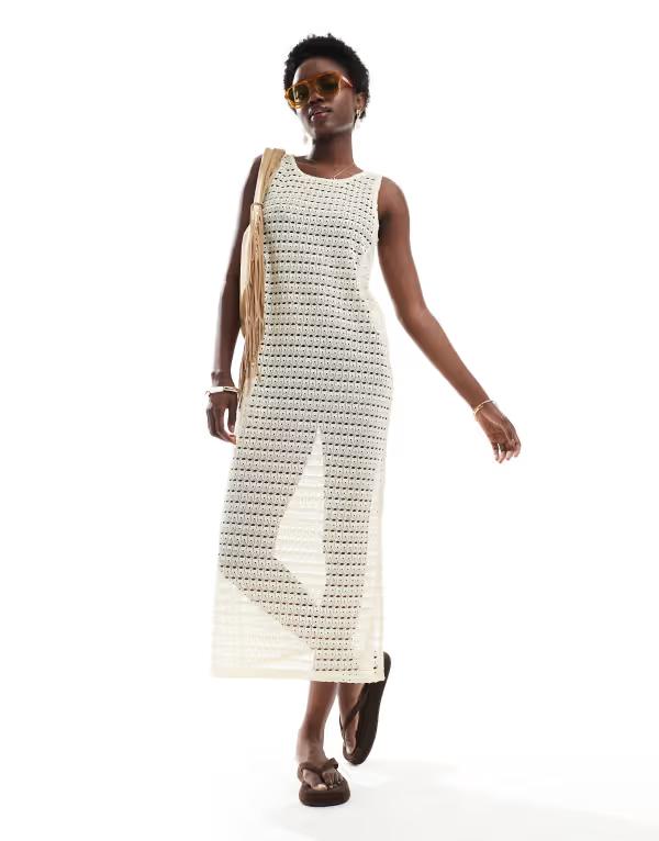 ピーシーズ レディース トップス ワンピース マキシワンピース ニット マキシ Pieces open knit cover-up maxi dress in cream Birch クリーム 14,805円