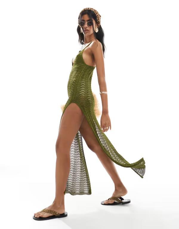 ミスセルフフリッジ レディース トップス ワンピース Vネック マキシワンピース ニット マキシ Miss Selfridge deep v neck knit crochet maxi dress in dark olive Dark Olive オリーブ