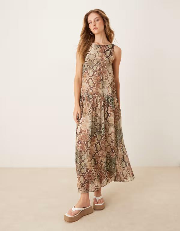 エイソス レディース トップス ワンピース シフォン マキシワンピース プリント マキシ ASOS DESIGN drop waist chiffon maxi dress in snake print Snake print