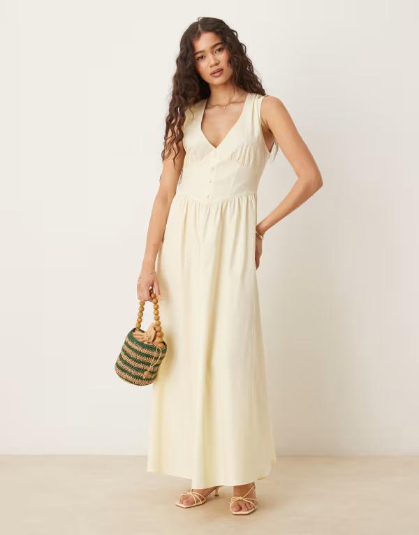 エイソス レディース トップス ワンピース Vネック ボタンダウン ミディワンピース ミディ ダウン ASOS DESIGN v neck waisted button down midi dress in buttermilk Buttermilk