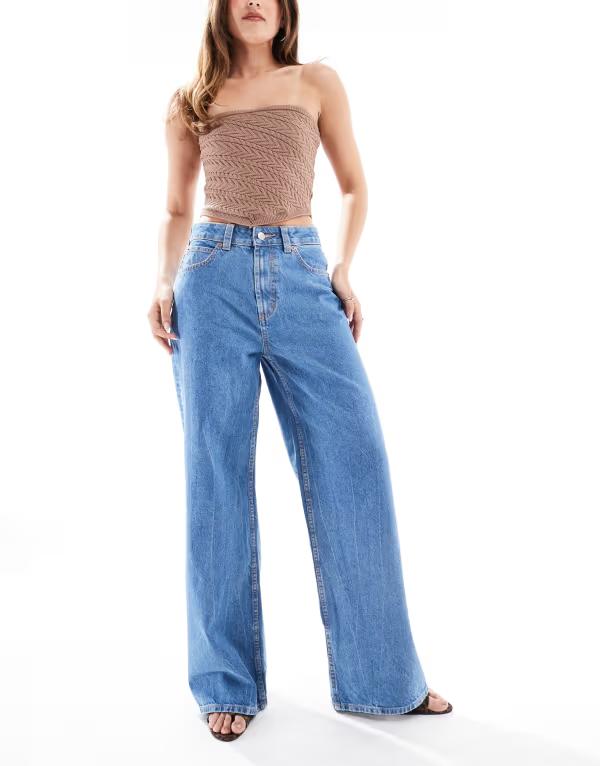 エイソス レディース ボトムス ジーンズズボン下 ワイドレッグ デニム ASOS DESIGN wide leg dad jeans インチ clean CLEAN MID BLUE 青み