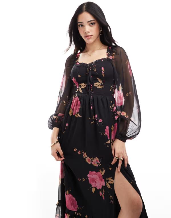 ミスセルフフリッジ レディース トップス ワンピース マキシワンピース プリント マキシ Miss Selfridge corset detail maxi dress in rose print Rose print