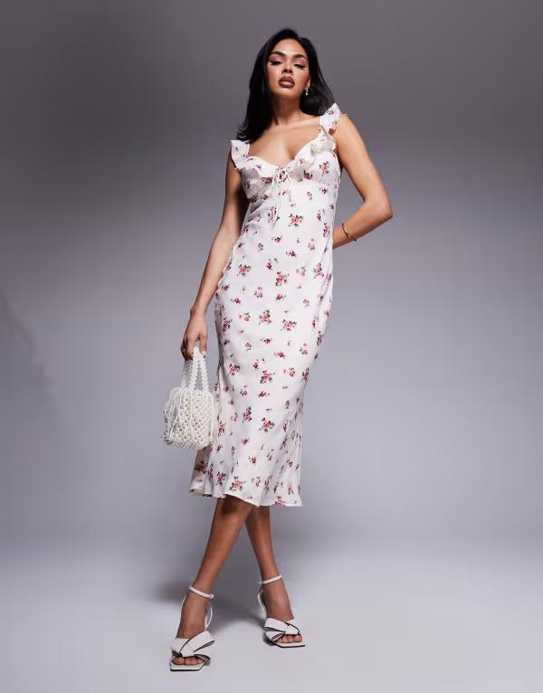 優しいこと３角形 レディース トップス 衣装 V素っ首 midi衣装 御花柄 midi 御花 Love Triangle frill v-neck MIDI dress インチ textured floral plaid PINK サクラ色