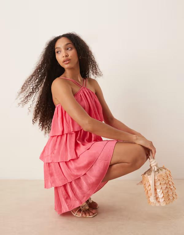 ヴィラ レディース トップス ワンピース ハイネック ミニワンピース フリル ミニ サテン Vila high neck satin ruffle mini dress Pink Yarrow ピンク