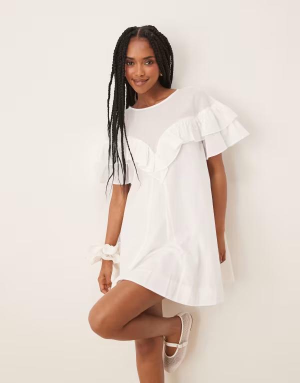 エイソス レディース トップス ワンピース フリル ASOS DESIGN ruffle short sleeve dress plain tbc ホワイト