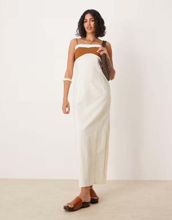 エイソス レディース トップス ワンピース マキシワンピース コットン リネン マキシ ASOS DESIGN cotton linen cami maxi dress in neutral color block NEUTRAL COLOR BLOCK