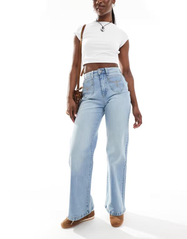 コットンオン レディース ボトムス ジーンズズボン下 ワイドレッグ 綿織物 デニム Cotton:On Cotton On stretch wide leg jeans インチ sunfaded SUNFADED BLUE 青み
