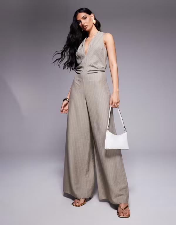 エイソス レディース トップス ジャンプスーツ Vネック ギャザー ASOS DESIGN ruched waist detail v neck jumpsuit in stripe MUSHROOM STRIPE ストライプ