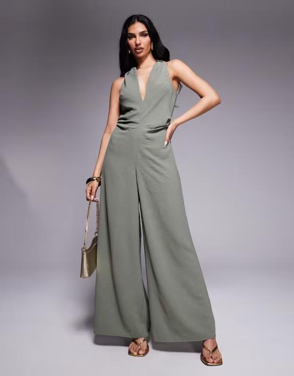エイソス レディース トップス ワンピース Vネック ギャザー ジャンプスーツ ASOS DESIGN ruched waist detail v neck jumpsuit khaki カーキ