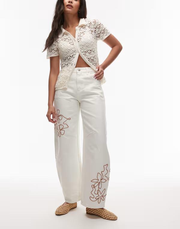 トップショップ レディース ボトムス デニムパンツ Topshop barrel jean with red embroidery in ecru Off White オフホワイト