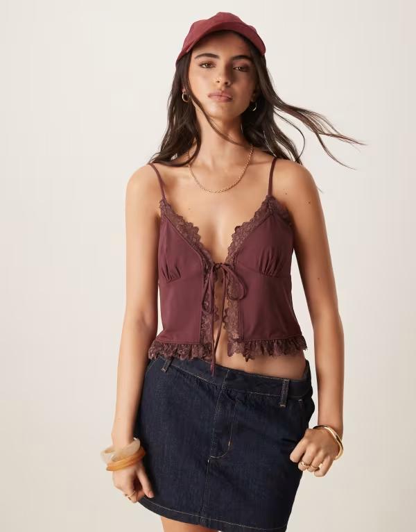 エイソス レディース トップス シャツ レーストリム レース ASOS DESIGN slinky lace trim tie front top in berry Berry