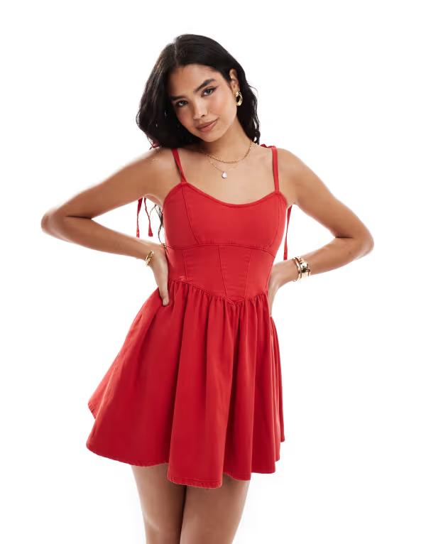 エイソス レディース トップス ワンピース ミニワンピース ミニ デニム ASOS DESIGN soft denim ballerina mini dress RED レッド