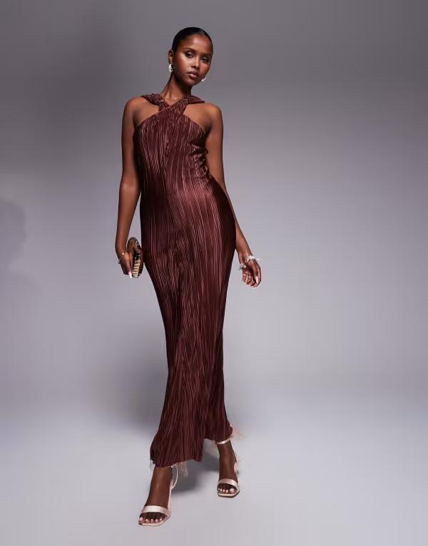 エイソス レディース トップス ワンピース マキシワンピース ドレープ マキシ ASOS DESIGN plisse cross front maxi dress with draped back in chocolate chocolate チョコレート