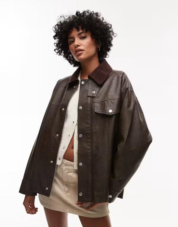 トップショップ レディース アウター ジャケット・ブルゾン レザー フェイクレザー ジャケット Topshop faux leather cord collar jacket brown ブラウン 24,600円