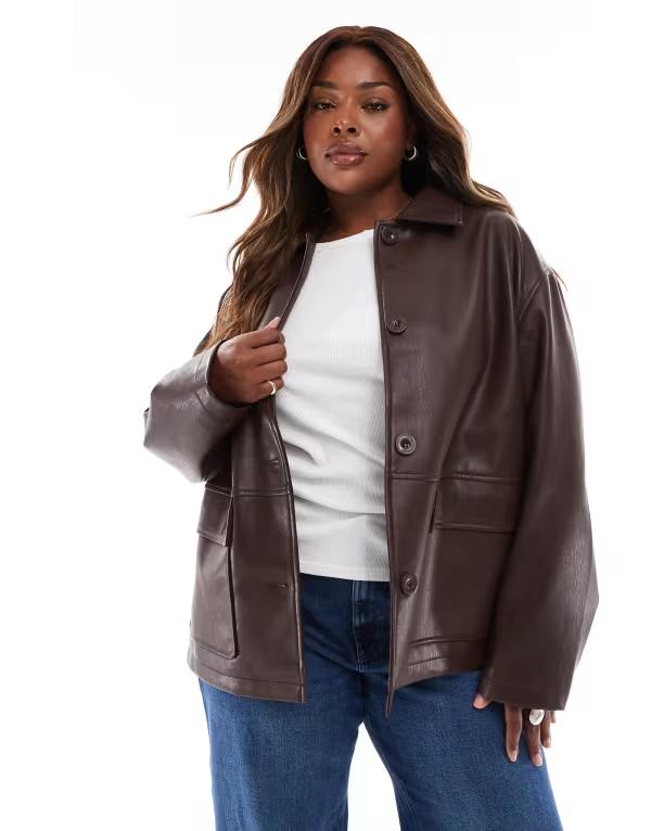エイソス レディース アウター 上衣・上衣 なめし革 上衣 ASOS Curve ASOS DESIGN Curve leather look harrington jacket インチ chocolate Brown 赤銅色