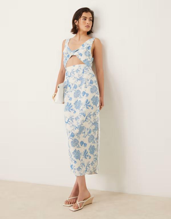 エイソス レディース トップス ワンピース カットアウト ミディワンピース フラワー柄 プリント ミディ フラワー ASOS DESIGN strappy twist bust detail cut out midi dress in floral print Floral