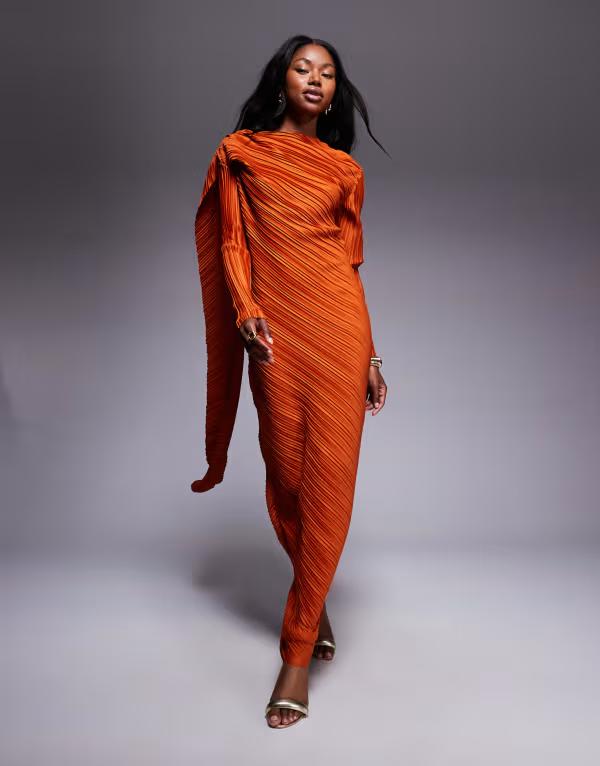 エイソス レディース トップス ワンピース マキシワンピース ドレープ マキシ ASOS DESIGN plisse long sleeve drape detail maxi dress in burnt orange Burnt Orange オレンジ
