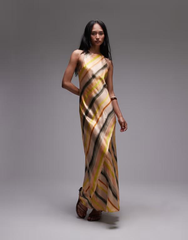 トップショップ レディース トップス ワンピース マキシワンピース サテン マキシ Topshop racer neck satin bias maxi dress in ombre stripe Multi マルチカラー|ReVida 店