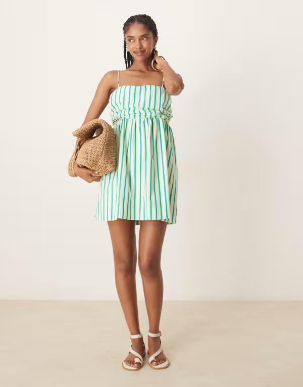 エイソス レディース トップス ワンピース ボタンダウン ミニワンピース ギャザー ミニ ダウン ASOS DESIGN ruched bust button down bandeau mini dress and yellow stripes BLUE & YELLOW STRIPE ブルー