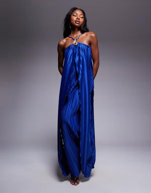 エイソス レディース トップス ワンピース マキシワンピース マキシ ホルター ASOS DESIGN halter neck plisse maxi dress with gold trim detail BLUE ブルー