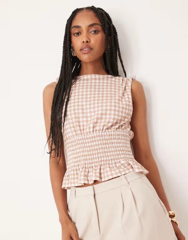 エイソス レディース トップス シャツ ギンガムチェック ギンガム ASOS DESIGN tie shoulder top with shirred waist and white gingham Brown and white ホワイト