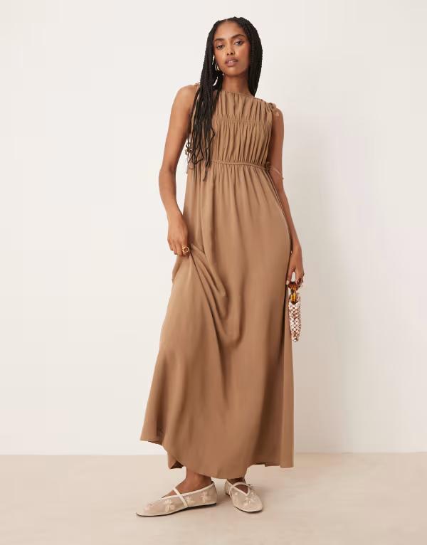 エイソス レディース トップス ワンピース マキシワンピース マキシ ASOS DESIGN gathered smock maxi dress in stone Stone ストーン