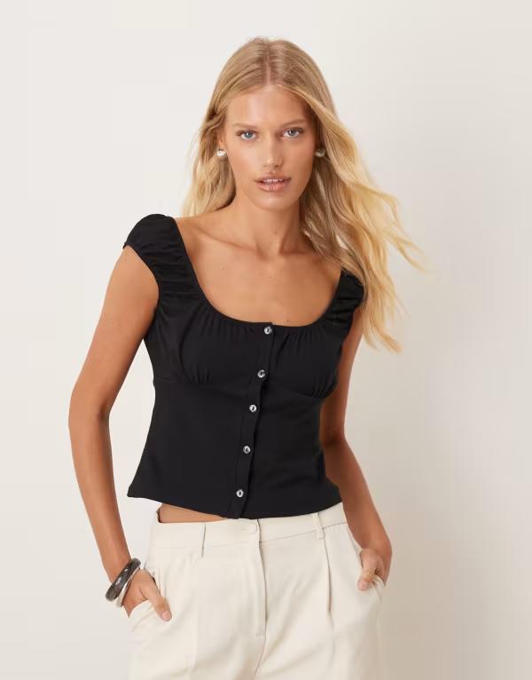 エイソス レディース トップス シャツ ASOS DESIGN milkmaid short sleeve button up top Black ブラック