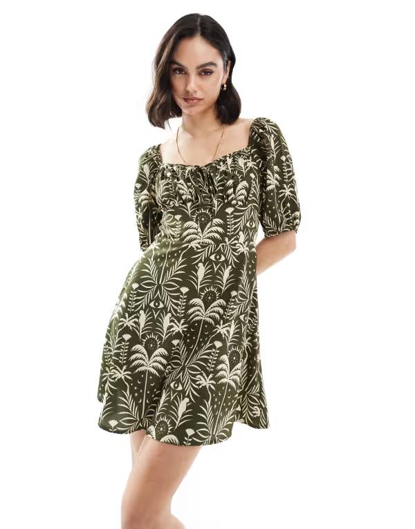 ウェンズデーガール レディース トップス ワンピース ミニワンピース プリント ミニ Wednesday's Girl palm print puff sleeve mini dress in olive Khaki カーキ