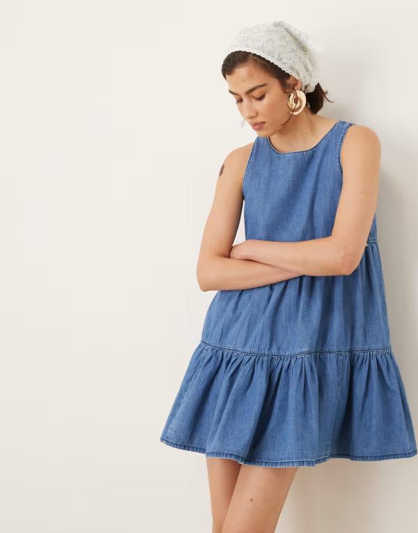エイソス レディース トップス ワンピース ティアード ミニワンピース ミニ デニム ASOS DESIGN denim tiered mini dress in mid wash MID BLUE ブルー