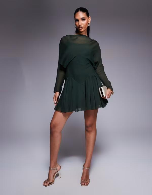 エイソス レディース トップス ワンピース ミニワンピース ミニ ASOS DESIGN long sleeve blouson mini dress with godets Khaki カーキ