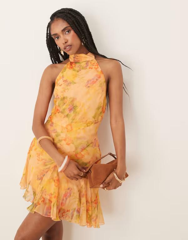 エイソス レディース トップス ワンピース シフォン ミニワンピース フラワー柄 プリント ミニ フラワー  DESIGN neck tie godet hem chiffon mini dress in orange floral print ORANGE FLORAL PRINT オレンジ
