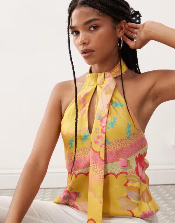 リクレイム ヴィンテージ レディース トップス シャツ フラワー柄 プリント フラワー Reclaimed Vintage top with scarf detail in yellow floral print multi マルチカラー