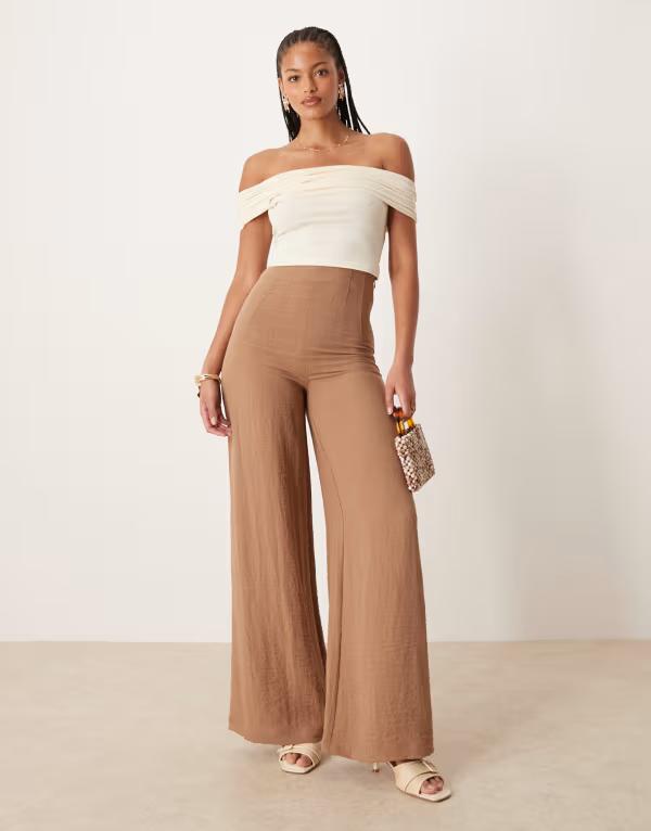 エイソス レディース ボトムス カジュアルパンツ パンツ トール リネン ASOS DESIGN Tall crinkle linen blend high waisted corset waist pants in taupe Taupe トープ