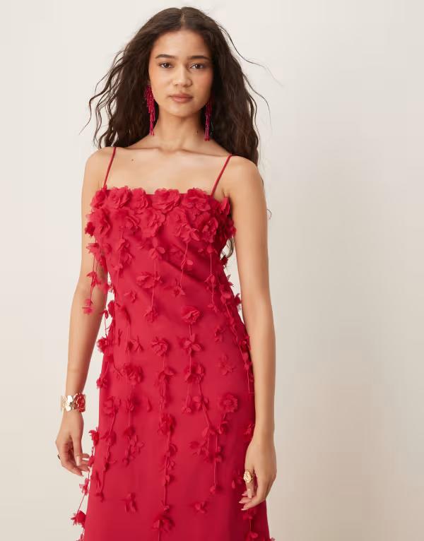 エイソス レディース トップス ワンピース マキシワンピース マキシ ASOS DESIGN 3D flower cami strap maxi dress PINK ピンク