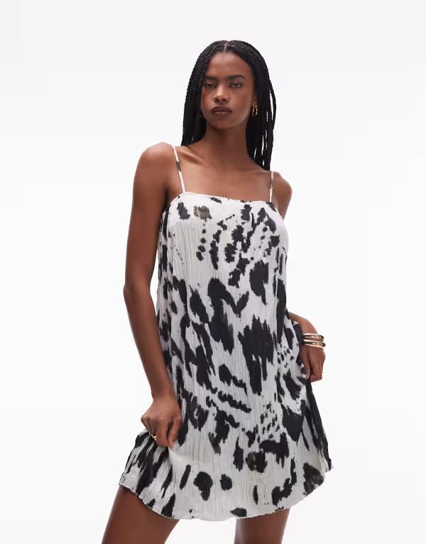 トップショップ レディース トップス ワンピース アニマル柄 ミニワンピース プリント ミニ Topshop trapeze crinkle mini dress in mono animal print Multi マルチカラー｜ReVida 店 11,085円
