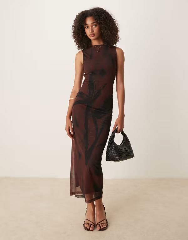 エイソス レディース トップス ワンピース ミディワンピース プリント メッシュ ミディ ノースリーブ ASOS DESIGN sleeveless mesh midi dress in chocolate print Chocolate チョコレート