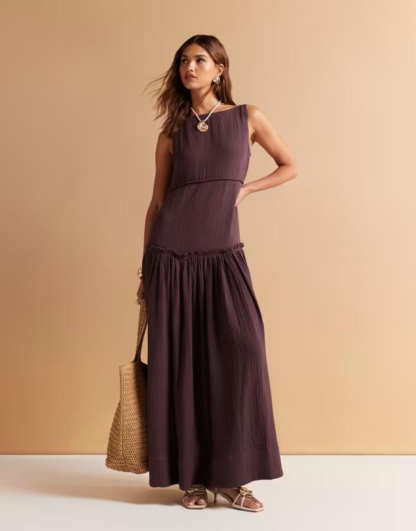 エイソス レディース トップス ワンピース マキシワンピース マキシ ASOS DESIGN laundered slash neck maxi dress with seaming detail in bitter chocolate Bitter Chocolate チョコレート