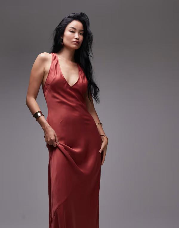 トップショップ レディース トップス ワンピース サテン Topshop deep plunge satin midaxi dress in rustラスト