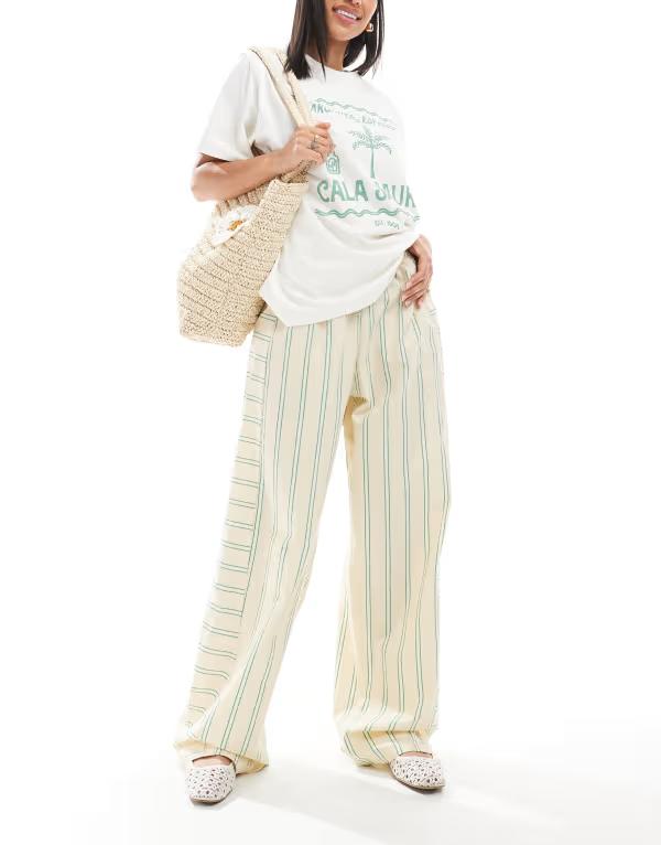 エイソス レディース ボトムス カジュアルパンツ パンツ スウェットパンツ コントラスト コットン ASOS DESIGN oversized cotton poplin barrel leg sweatpants with contrast stripe panels Yellow stripe イエロー 9,344円