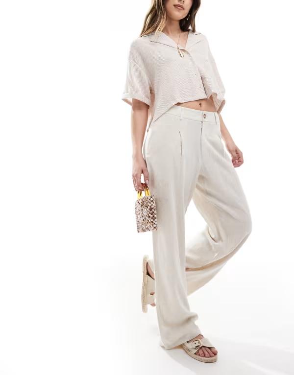 ミスセルフフリッジ レディース ボトムス カジュアルパンツ ワイドレッグ パンツ リネン Miss Selfridge linen blend tailored wide leg pants in stone Stone ストーン｜ReVida 店