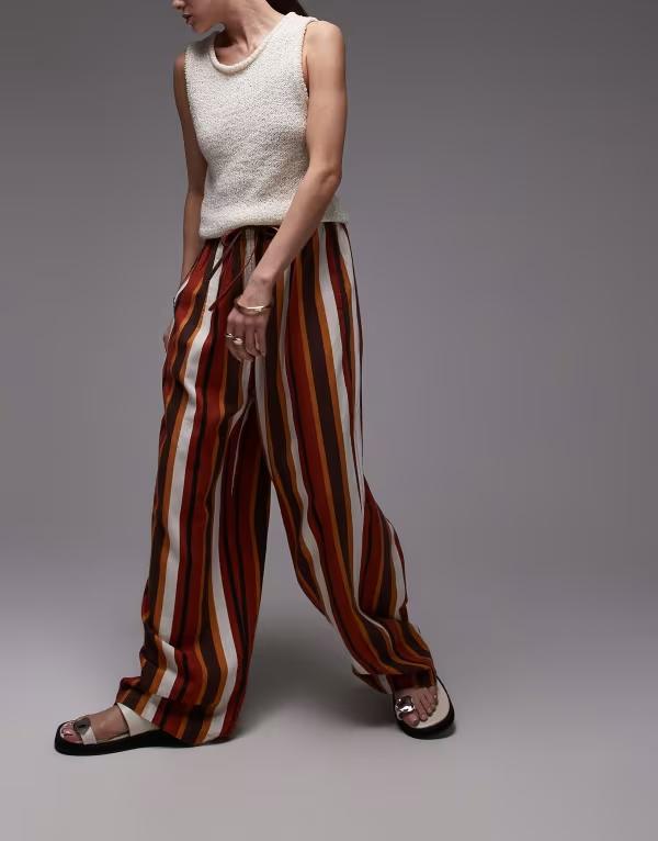 トップショップ レディース ボトムス カジュアルパンツ パンツ リネン Topshop linen balloon pants in chocolate stripe Choc チョコレート