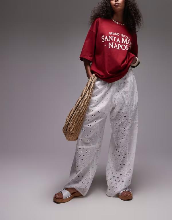トップショップ レディース ボトムス カジュアルパンツ ストレート パンツ Topshop broderie straight leg pants white ホワイト
