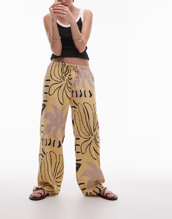 トップショップ レディース ボトムス カジュアルパンツ ストレート プリント パンツ リネン Topshop linen straight leg buttermilk abstract print pants in mono MONO｜ReVida 店